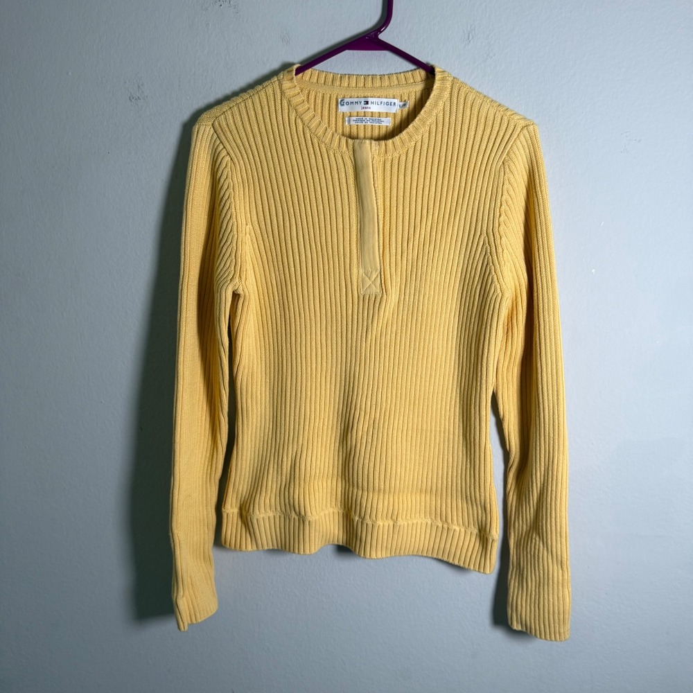 Tommy Hilfiger Jeans Womens Yellow Ribbed Knit Henley Sweater Long Sleeve L